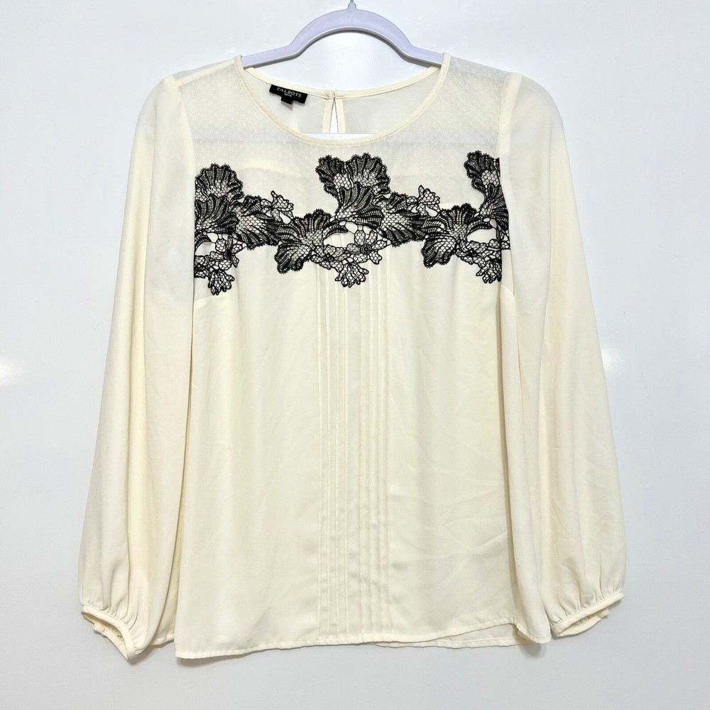 Talbots Cream Blouse with Black Lace Detail
